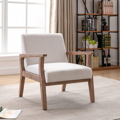 Accent Chair Mid Century Modern Armchair, Linen Upholstered Living Room Accent Armchair with Wood Frame, Farmhouse Chair Indoor Corner Chair for Living Room Bedroom, Ivory