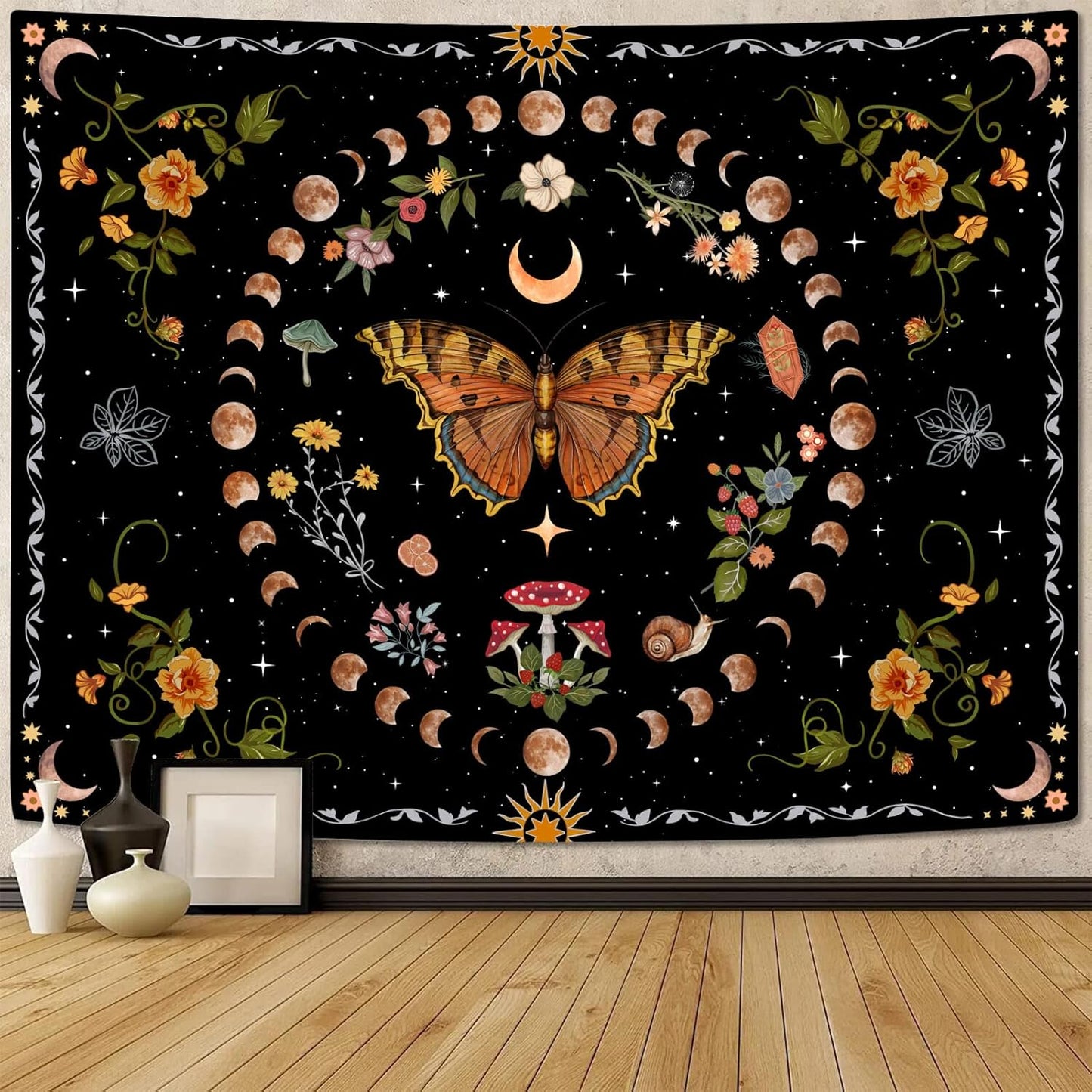 Aipon Orange Butterfly Moon Flower Tapestry Botanical Floral Plant Boho Tapestry for Bedroom Aesthetic Vintage Tapestries Wall Hanging for Living Room Dorm (60.00'' × 80.00'', Orange)