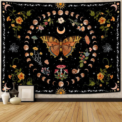 Aipon Orange Butterfly Moon Flower Tapestry Botanical Floral Plant Boho Tapestry for Bedroom Aesthetic Vintage Tapestries Wall Hanging for Living Room Dorm (36.00" x 48.00", Orange)