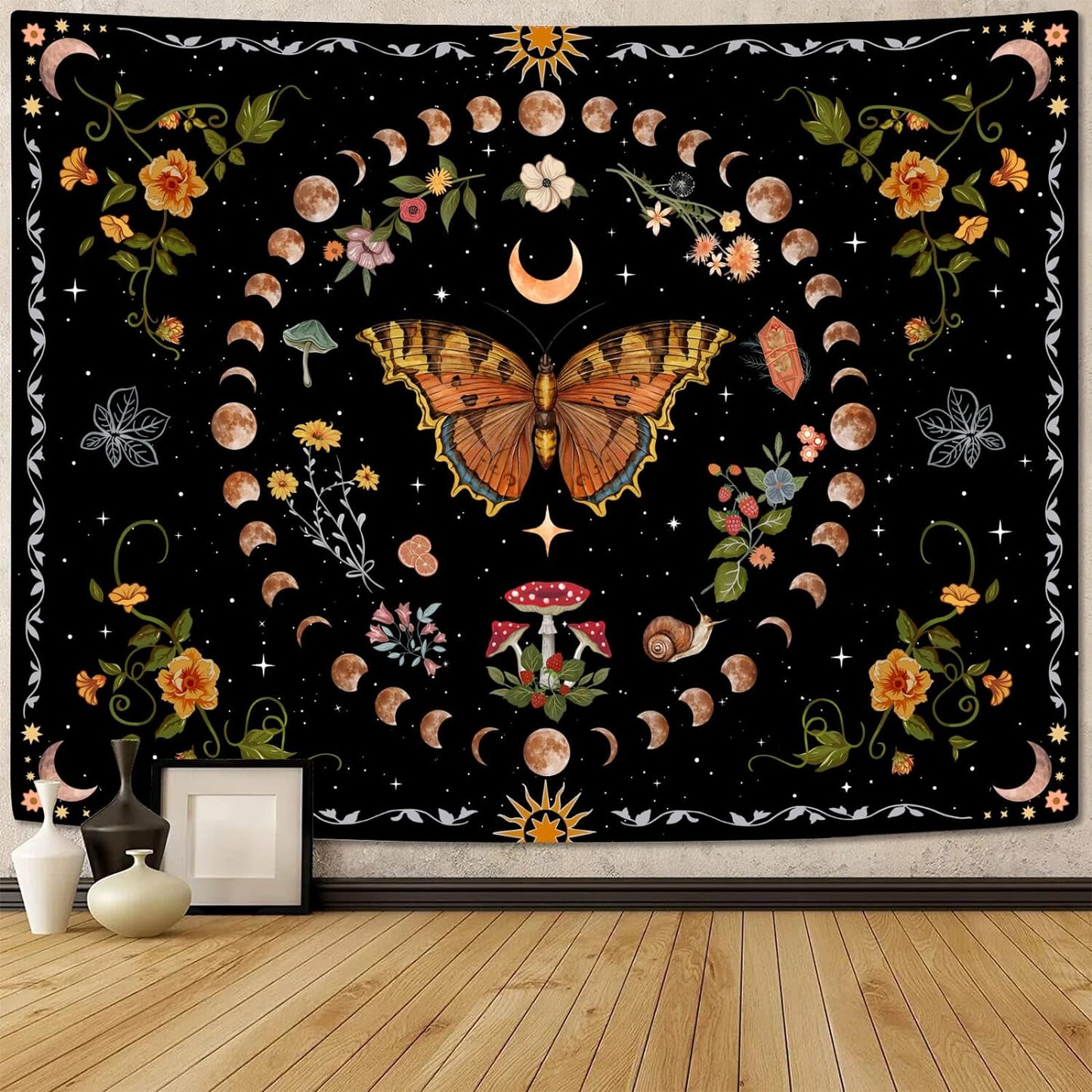 Aipon Orange Butterfly Moon Flower Tapestry Botanical Floral Plant Boho Tapestry for Bedroom Aesthetic Vintage Tapestries Wall Hanging for Living Room Dorm (44.00'' × 60.00'', Orange)