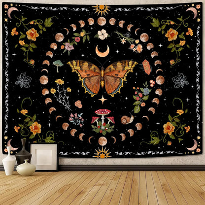 Aipon Orange Butterfly Moon Flower Tapestry Botanical Floral Plant Boho Tapestry for Bedroom Aesthetic Vintage Tapestries Wall Hanging for Living Room Dorm (44.00'' × 60.00'', Orange)