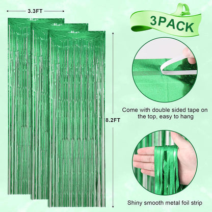 3 Pack 3.3 x 8.2 ft Laser Green Foil Fringe Backdrop Curtains, Tinsel Streamers Birthday Party Decorations, Fringe Backdrop for Graduation, Baby Shower, Gender Reveal, Disco Party