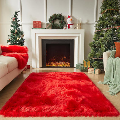 AMTOVO Faux Fur Sheepskin Rug for Living Room, 4 x 6 ft Red Fluffy Area Rug for Bedroom, Playroom, Luxury Room Decor, Rectangle