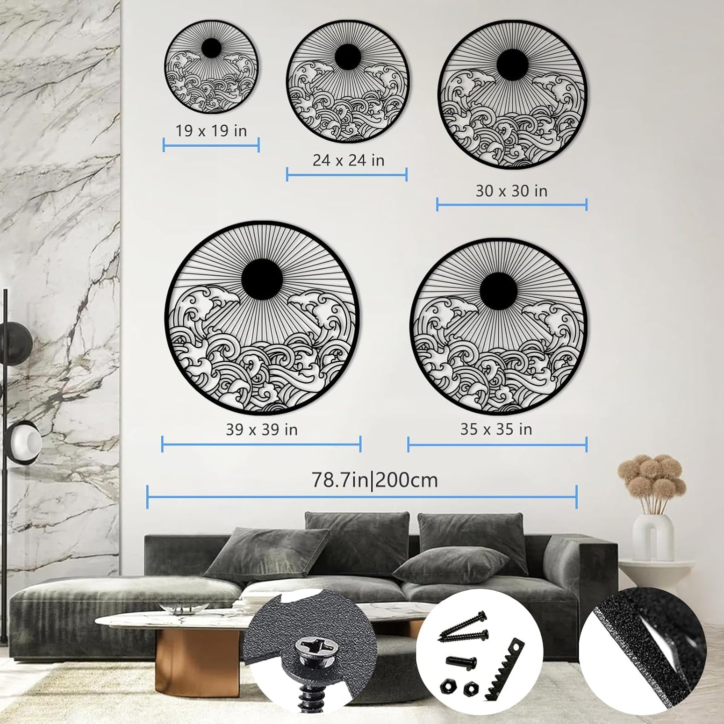 flyoak Metal Sun Wall Decor Outdoor, Sunrise Metal Wall Art, Metal Wave Wall Art, Sunrise and Wave Wall Decor, Sunburst Wall Art, Sunset Wall Art, Wall Hangings for Bedroom (Black, 39x39in|100x100cm)