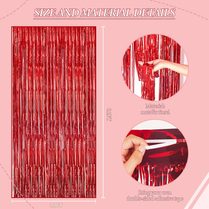 3 Pack Foil Fringe Backdrop - Red Shiny Tinsel Curtains for Party Decoration/Photo Booth Props - 3.3x8.2 FT Metallic Foil Backdrop for Birthday, Wedding, Graduation, Christmas.