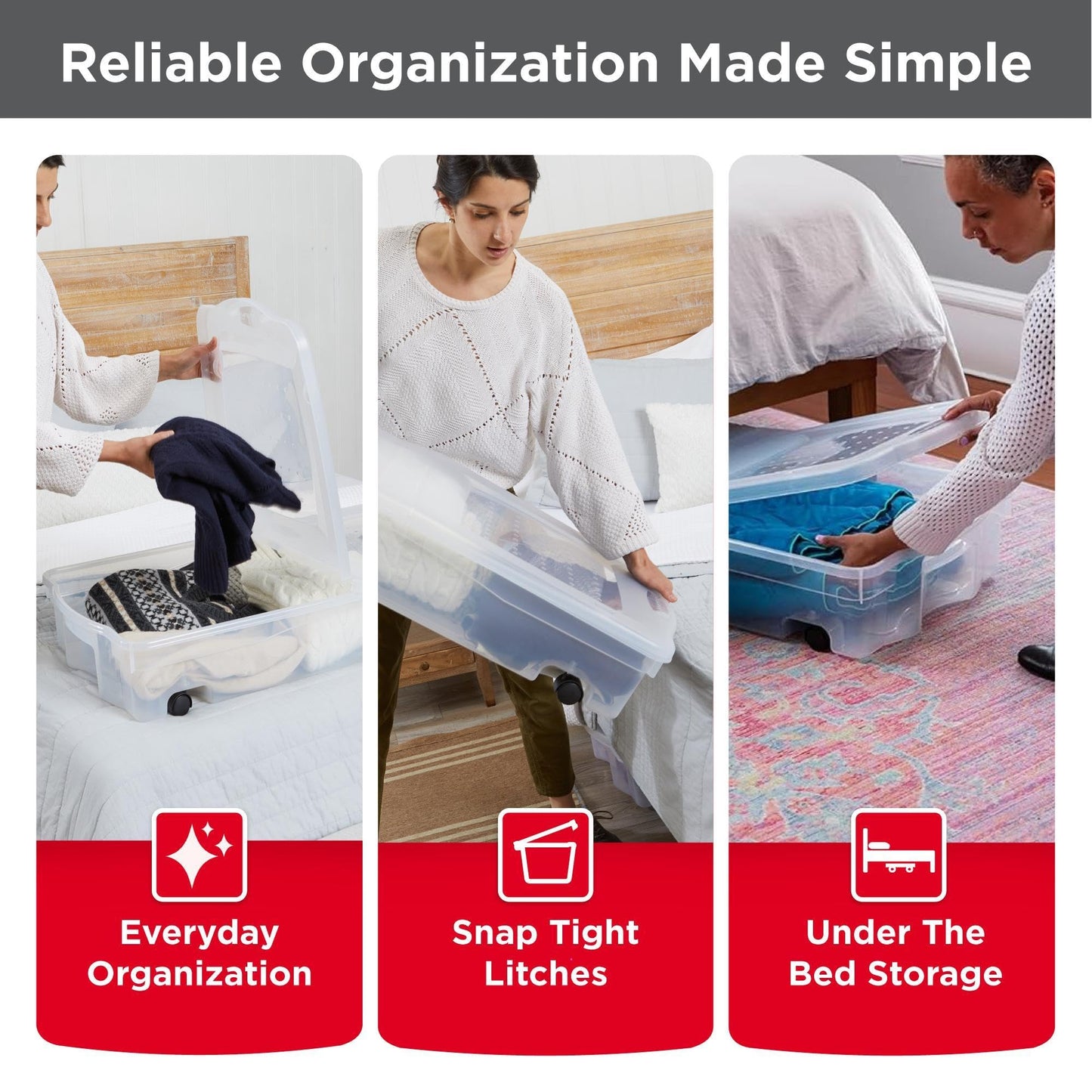 Rubbermaid 68 Quart Under the Bed Low Profile Storage Boxes with Dual Hinged Lids and Easy Rolling