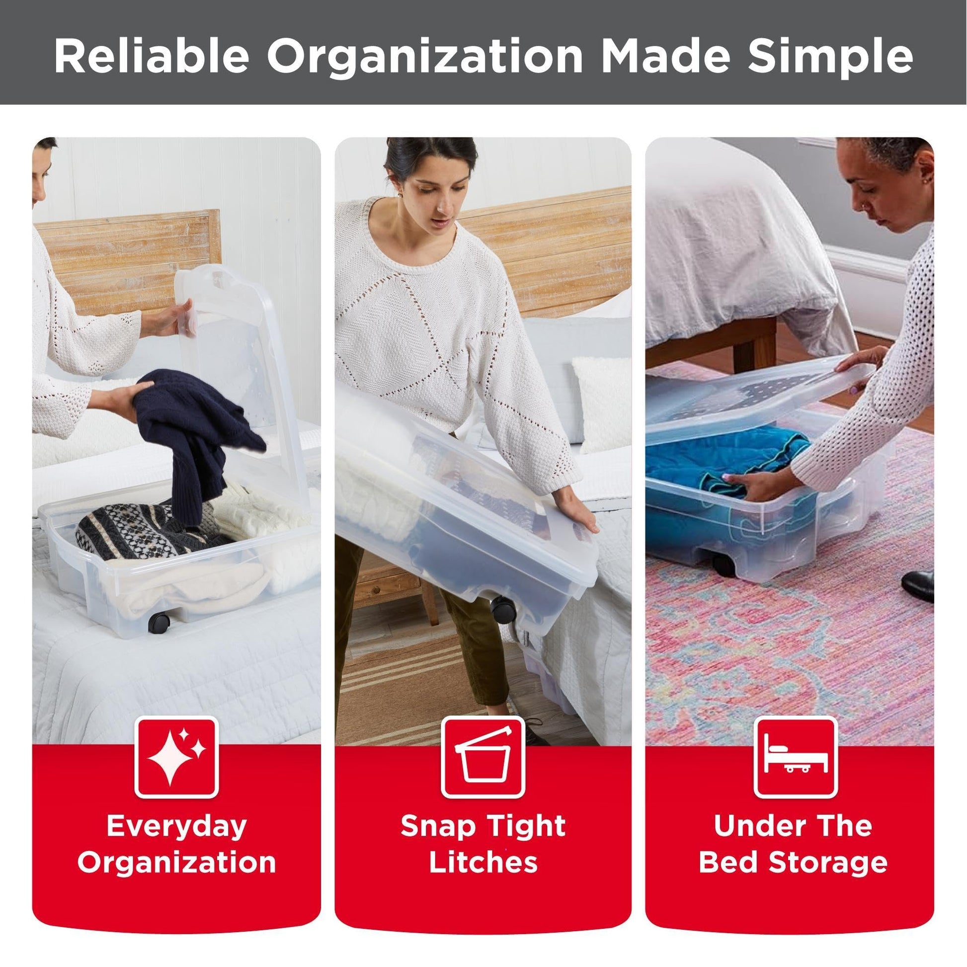 Rubbermaid 68 Quart Under the Bed Low Profile Storage Boxes with Dual Hinged Lids and Easy Rolling