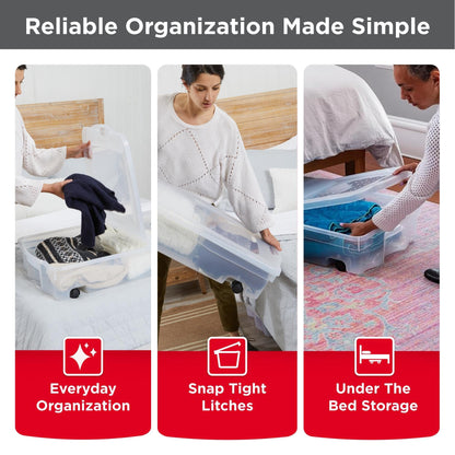 Rubbermaid 68 Quart Under the Bed Low Profile Storage Boxes with Dual Hinged Lids and Easy Rolling