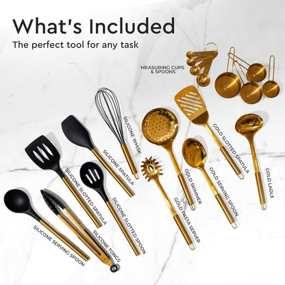 Black and Gold Kitchen Utensils Set - 19-PC Set Includes Stainless Steel and Silicone Cooking Utensils, Measuring Cups and Spoons - Black and Gold Kitchen Accessories for Stylish Cooking & Serving