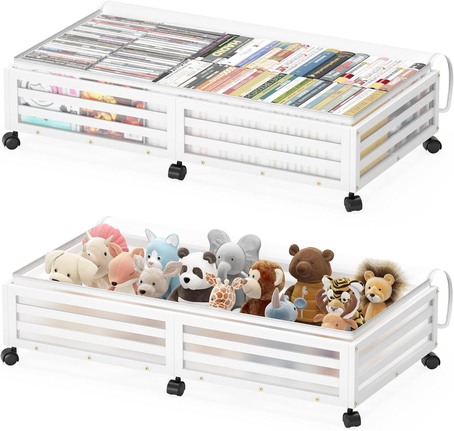 Under Bed Storage with Wheels-Large Bamboo Underbed storage Containers with Large Dust Bag Stackable Under the Bed Shoe Storage Bins for Clothes Books Bedding (2 Packs White, 33.07"L×16.54"W× 6.5"H)