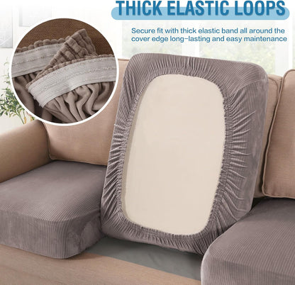 H.VERSAILTEX Velvet Stretch Couch Cushion Cover Plush Cushion Slipcover for Chair Loveseat Sofa Cushion Furniture Protector Seat Cushion Sofa Cover (3 Piece Sofa Cushion Covers, Taupe Striped)
