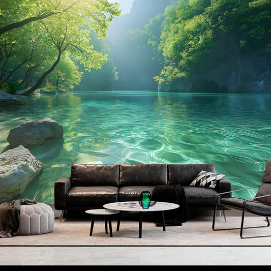 BSFHH Nature Tapestry Forest Tree Sea Cave Wall Hanging, Stream Through Rainforest Landscape Wall Art Tapestry for Bedroom Living room (Lake View, 90"×70", Unframed)