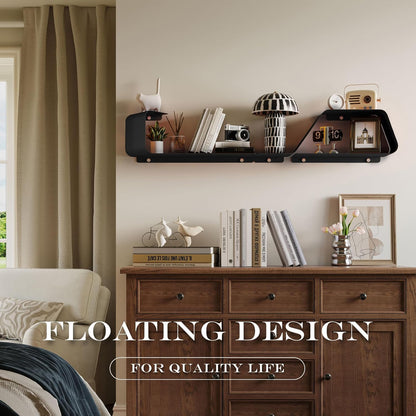 Floating Shelves, Wall Shelf, Set of 3 Wall Mounted Metal Shelves with Unique Design for Wall Storage, Book Shelf, Display Shelves for Bathroom Bedroom Kitchen Living Room for Home Black