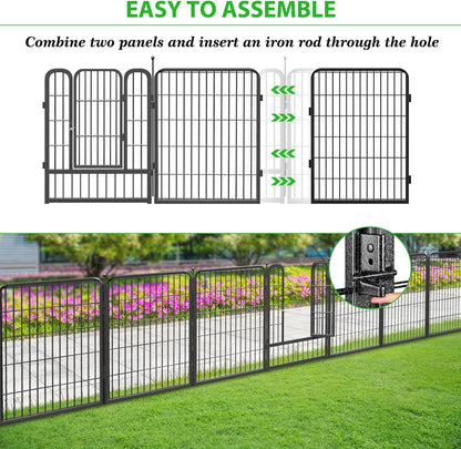 Decorative Black Metal Fencing Garden Fence with Gate, 36ft(L) 32in(H) 16 Fence Panels No Dig Fence Rustproof Animal Barrier Fence Temporary Dog Panels Fencing Outdoor