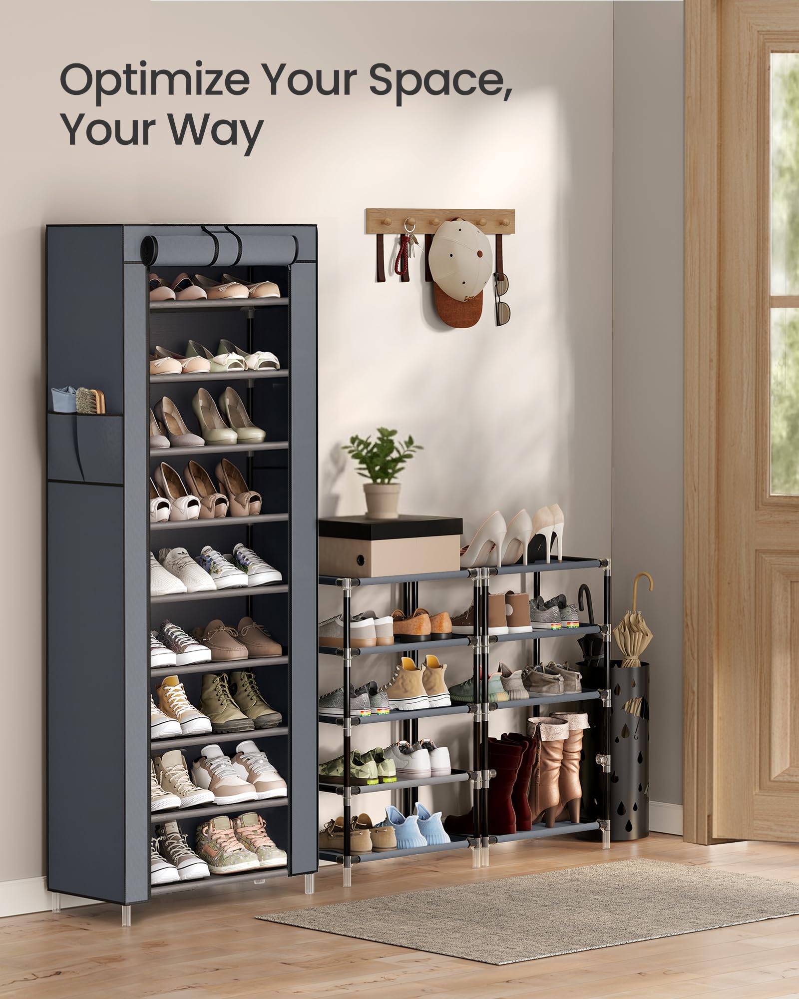 SONGMICS 10-Tier Shoe Rack, Shoe Storage Cabinet with Dustproof Cover, Free-Standing Storage