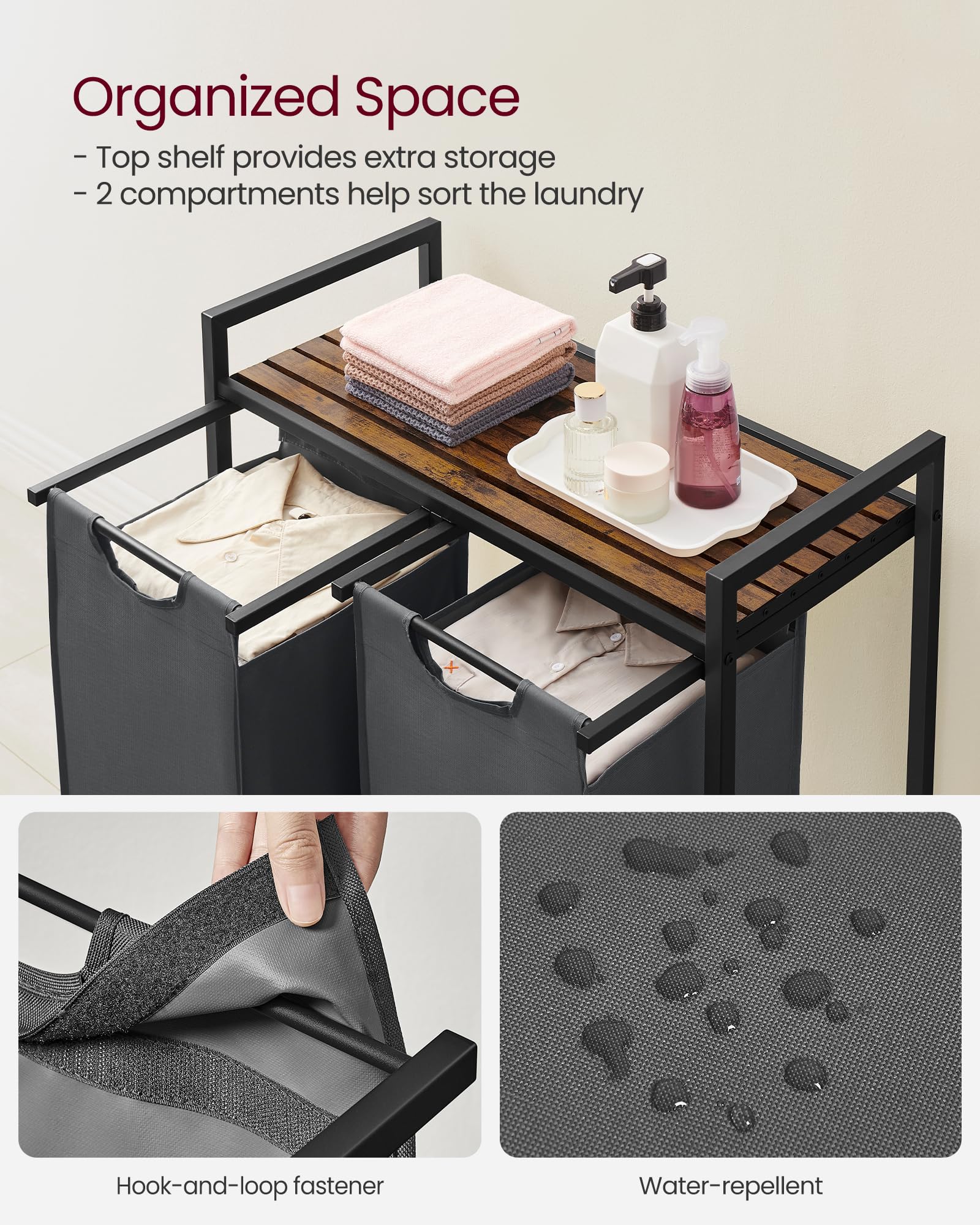 VASAGLE Laundry Hamper, Laundry Basket, Laundry Sorter with 2 Pull-Out and Removable Bags, Shelf
