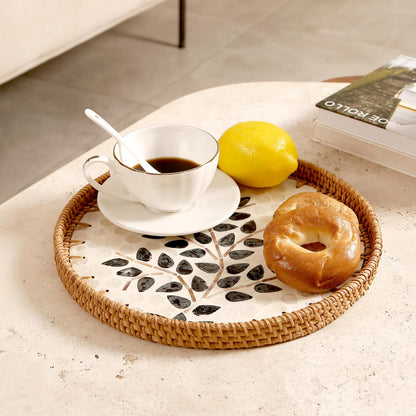 Round Rattan Tray with Mother of Pearl Inlay & Wooden Base - Decorative Wicker Serving Tray for Coffee/Bread/Fruits, Food Storage & Display - Multipurpose Home Decor