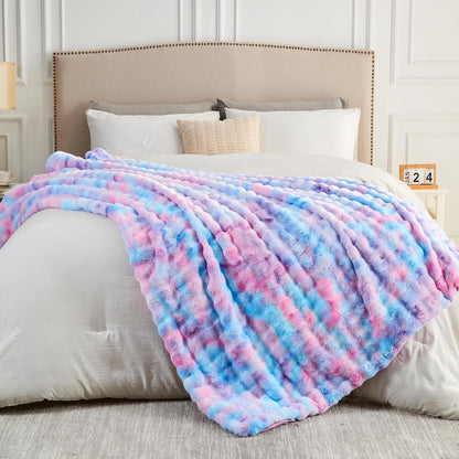 NEWCOSPLAY Faux Fur Twin Blanket Purple Rainbow Luxury Fluffy Thick Warm Bubble Blanket for Couch Sofa Bed 700GSM (Purple Rainbow, Twin(60"x80"))