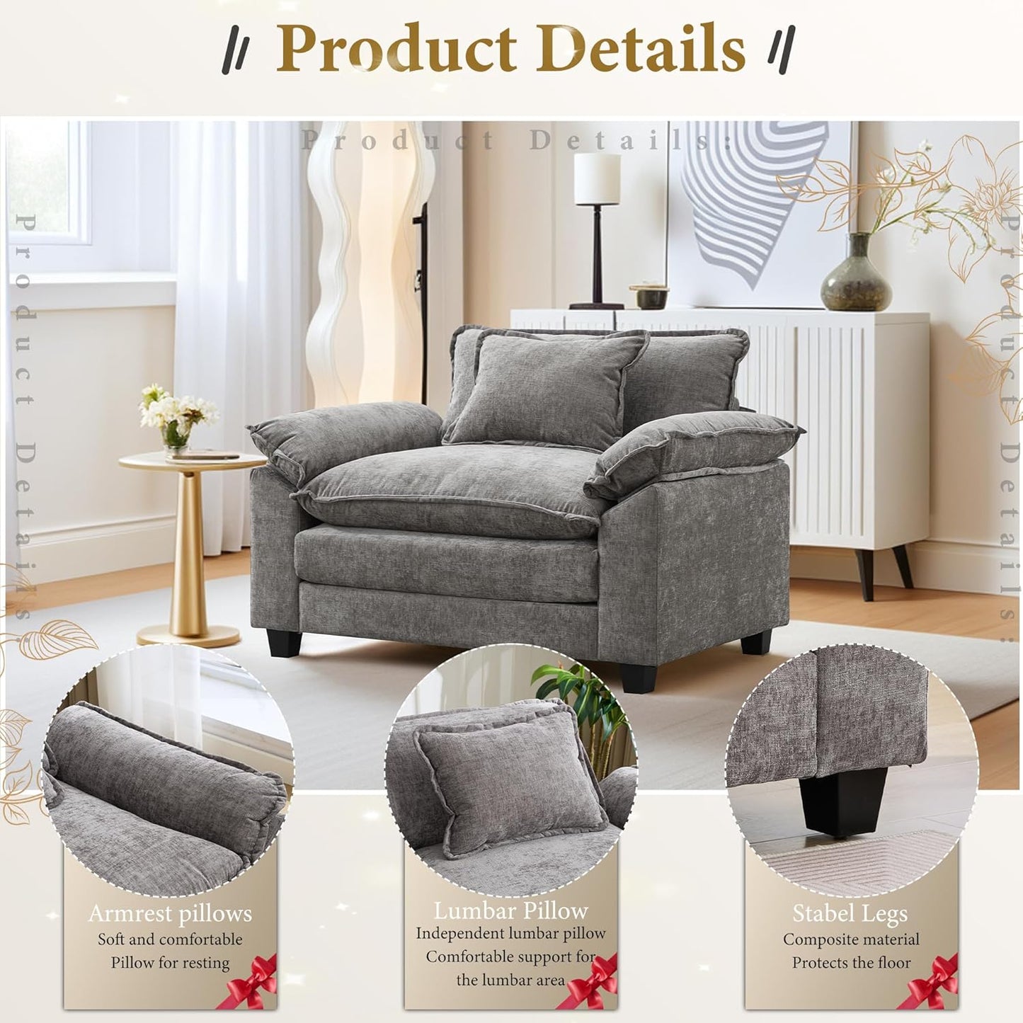 URRED Modular Sectional Sofa Comfy Cloud Couch, Modern Chenille Sofa Sleeper Deep Seat Couches with Ottoman/Pillows for Living Room (Gray, 53'')