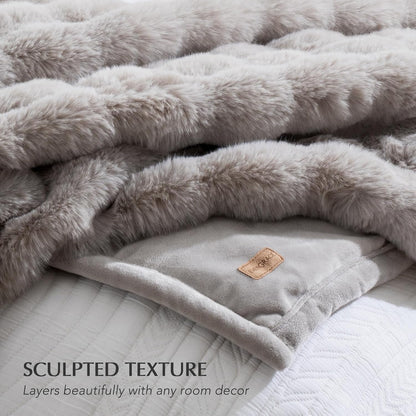 EVERGRACE Ultra Soft Luxury Fluffy Ridgeline Faux Rabbit Fur Throw Blanket, Thick Warm Fuzzy Blankets for Winter, Cozy Plush Reversible Blanket for Couch, Bed, Sofa, Taupe, 80x90 Inches, 870 GSM