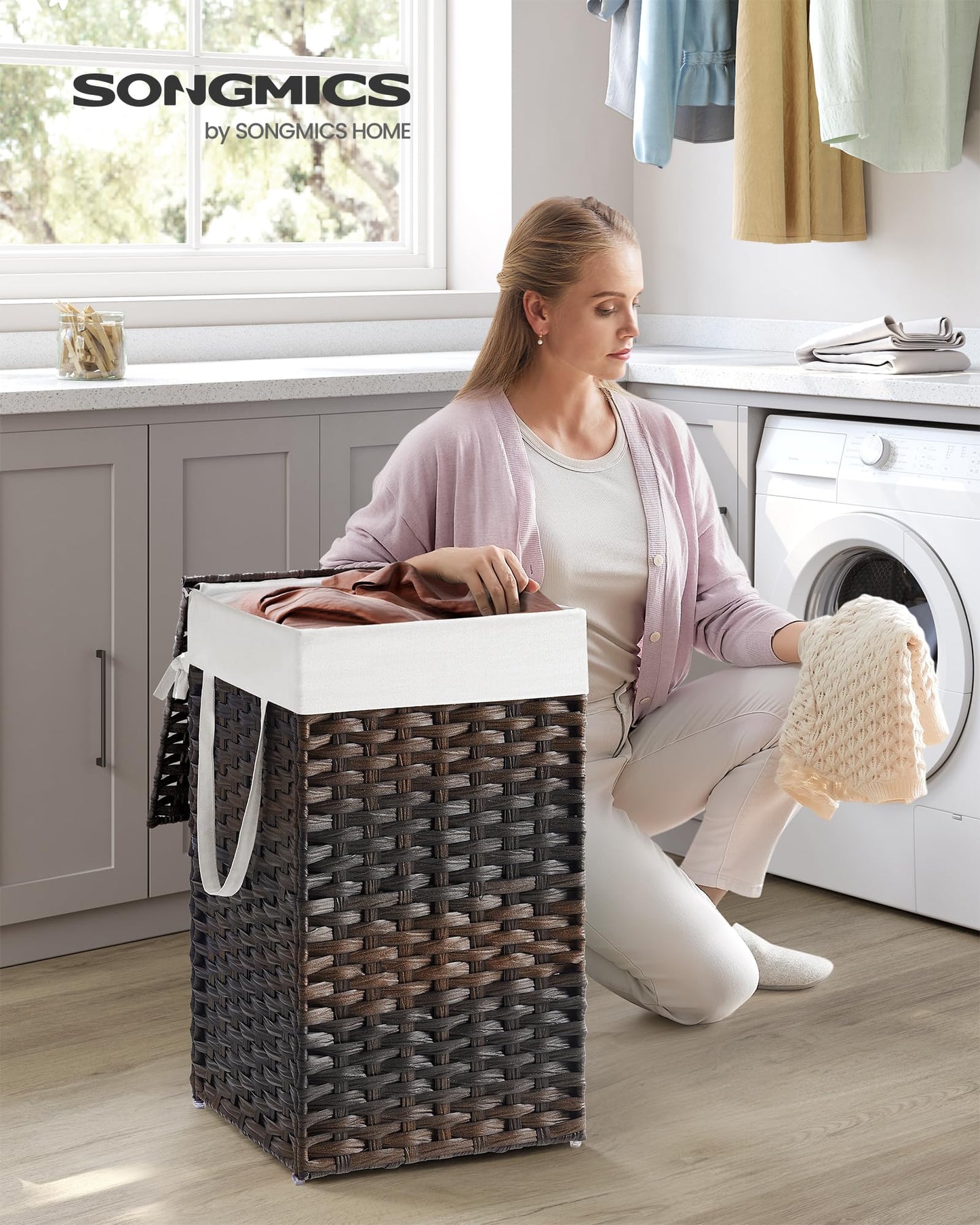 SONGMICS Laundry Hamper with Lid, 17.2 Gallon (65 L) Synthetic Rattan Clothes Laundry Basket with