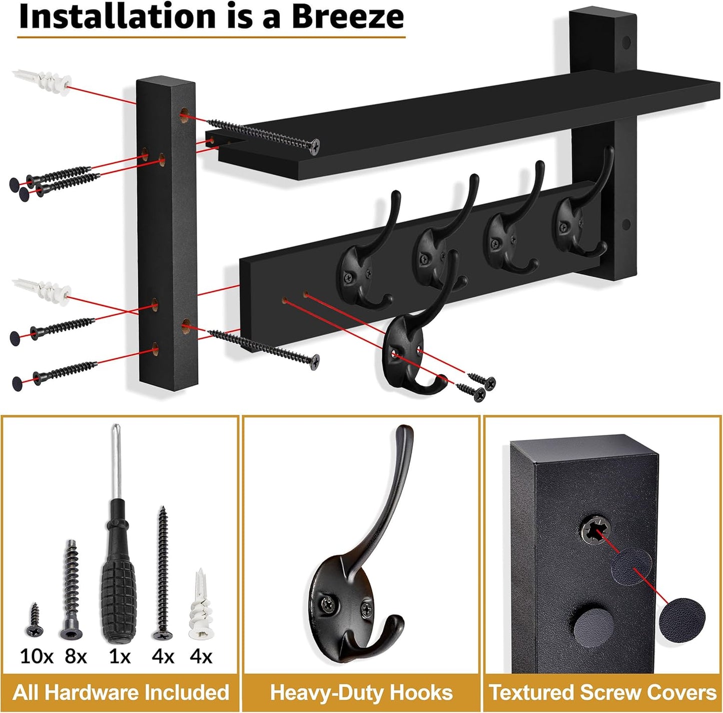 Sorbus Coat Hooks Wall Mount with Shelf – 16 Inch Coat Rack Wall Mount with 5 Heavy Duty Hooks – Floating Wall Shelf with Hooks for Entryway, Bathroom, Bedroom, Kitchen, or Mudroom (Black)