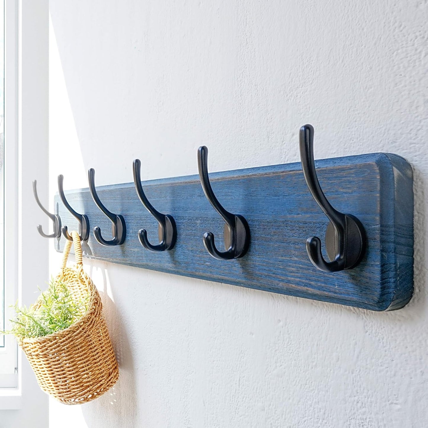 Dseap Coat Rack Wall: 24" Long, Patented, Heavy-Duty, 6-Double-Hooks Wooden Wall Mounted Coat Rack Coat Hanger Hook Rail for Winter Coats Hat Jacket Clothing, Weathered Blue, Pack of 2
