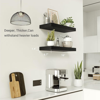 Black Floating Shelves for Wall, 16 inchs x 6.7” deep x 1.4” Wall Shelf for Bathroom Bedroom, Living Room, Kitchen, Office Home Decor, Narrow Wood Shelves with Invisible Brackets Set of 2