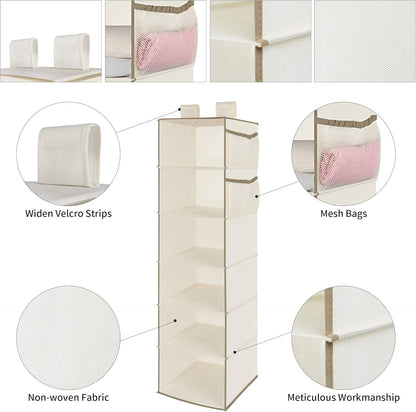 MAX Houser 6 Tier Shelf Hanging Closet Organizer, Closet Hanging Shelf with 2 Widen Straps for Storage, Foldable (Beige2)