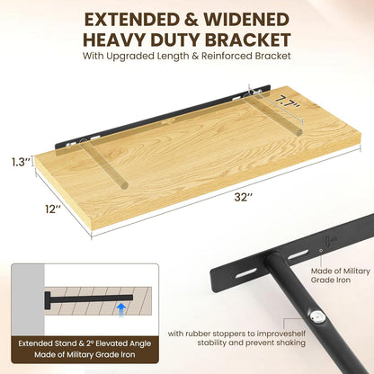 32" Floating Shelves for Wall, 12" Deep Slim Oak Floating Shelves, Wall-Mounted Shelves for Bedroom, Living Room, Kitchen, Bathroom - Set of 2