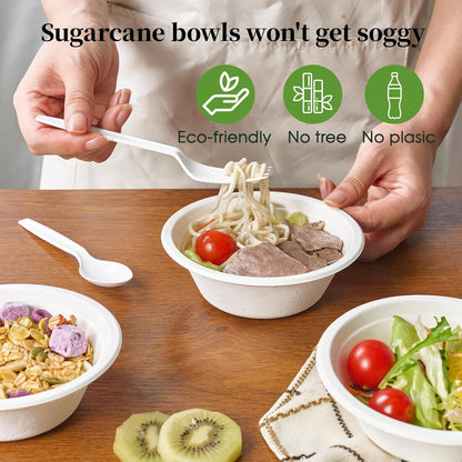 ECOLipak 150 Pack 12 oz Paper Bowls Disposable, Heavy-Duty Biodegradable Compostable Bowls Made of Natural Sugarcane Bagasse, Suitable for Salad, Dessert, Milk, Cereals