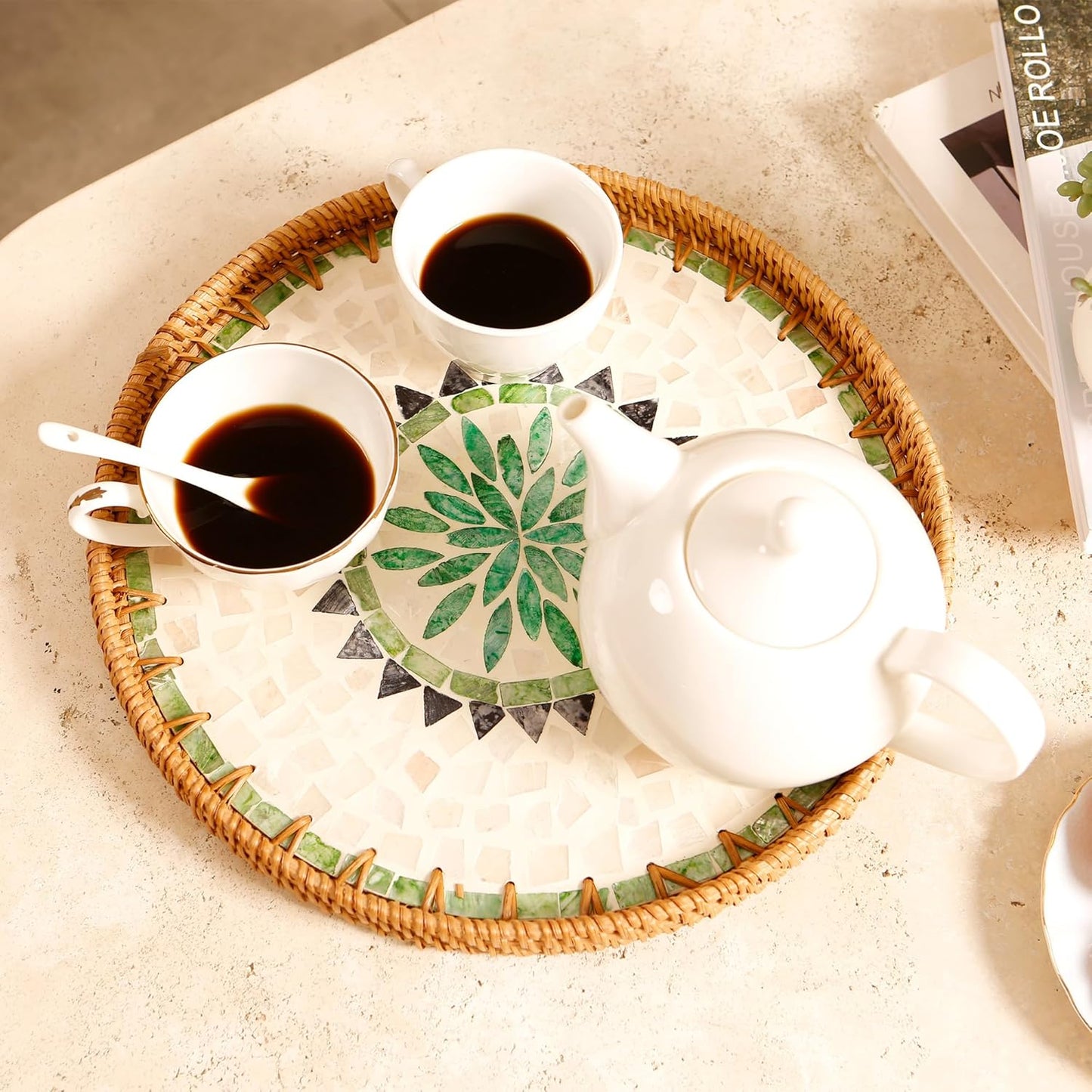 Round Rattan Tray with Mother of Pearl Inlay & Wooden Base - Decorative Wicker Serving Tray for Coffee/Bread/Fruits, Food Storage & Display - Multipurpose Home Decor (L,Bohemia)