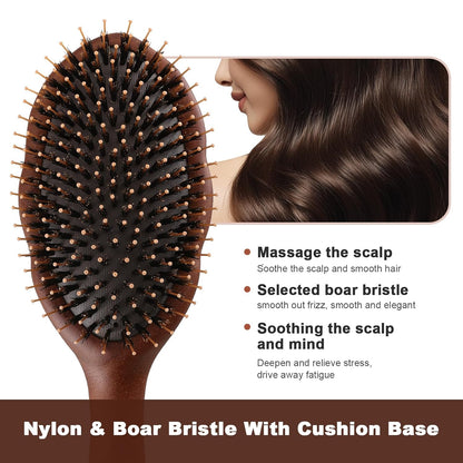 Premium Solid Wood Hair Brush, Nylon & Boar Bristle With Cushion Base, Exquisite Design, Detangling Hairbrush for all hair types