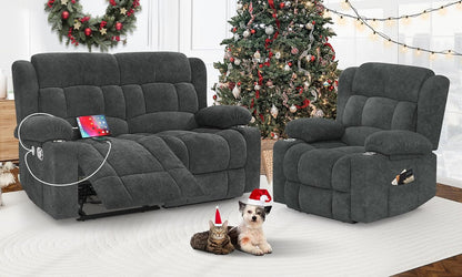 Loveseat Recliner Sofa Set with 2+1 Pieces, 2 Seater Minimalist Style Fabric Manual Pull Tab Reclining Loveseat with USB Charge Ports, Cup Holders, Recliner Couches for Living Room, RV, Gray