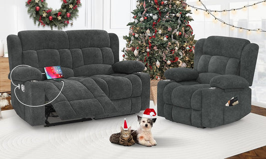 Loveseat Recliner Sofa Set with 2+1 Pieces, 2 Seater Minimalist Style Fabric Manual Pull Tab Reclining Loveseat with USB Charge Ports, Cup Holders, Recliner Couches for Living Room, RV, Gray