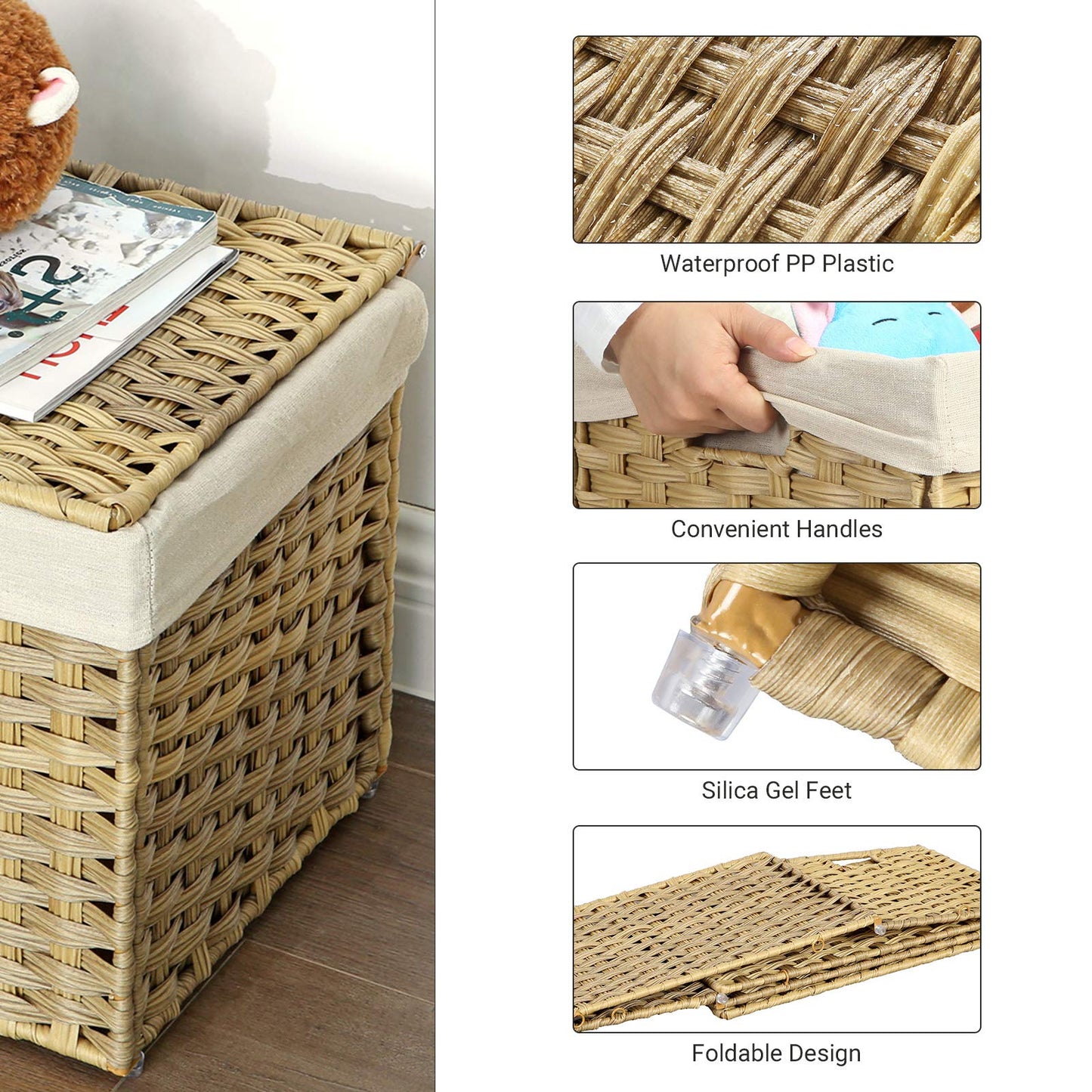 SONGMICS Storage Basket with Lid, Woven Blanket Storage Bin with Handles, Foldable, Removable