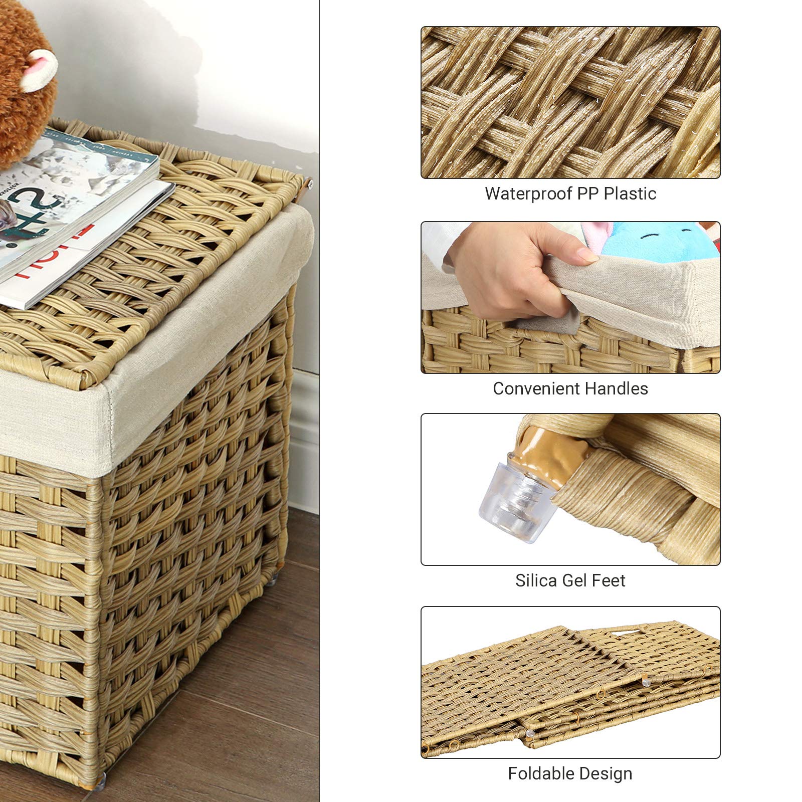 SONGMICS Storage Basket with Lid, Woven Blanket Storage Bin with Handles, Foldable, Removable
