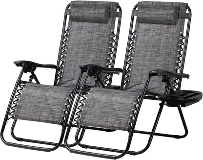 Nazhura Set of 2 Relaxing Recliners Patio Chairs Adjustable Steel Mesh Zero Gravity Lounge Chair Beach Chairs with Pillow and Cup Holder(Grey)