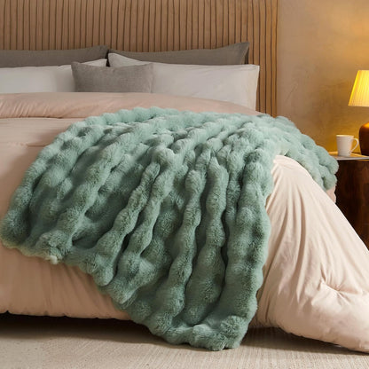 Lotus Karen Faux Fur Throw Blanket Sage Green - Big Bubble Rabbit Fluff Blanket for Couch Bed Sofa,Softest Fluffy Fuzzy Cozy Blanket,Plush Thick Furry Shaggy Warm Blankets for Women,108x90 Inches