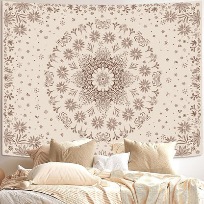 Fowocu Boho Floral Mandala Tapestry Wall Hanging Bohemian Flower Medallion Tapestry Aesthetic Beige Brown Hippie Indian Small Tapestries for Bedroom Living Room Dorm Decor 48 x 36 Inch