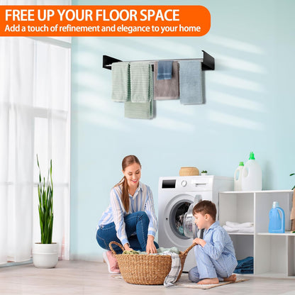 FOCHIER F Laundry Drying Rack Wall Mounted Clothes Drying Rack Collapsible with 5 Aluminum Rods and Drilling Template Long Screwdriver Bit 60 lbs Capacity (Black, 40")