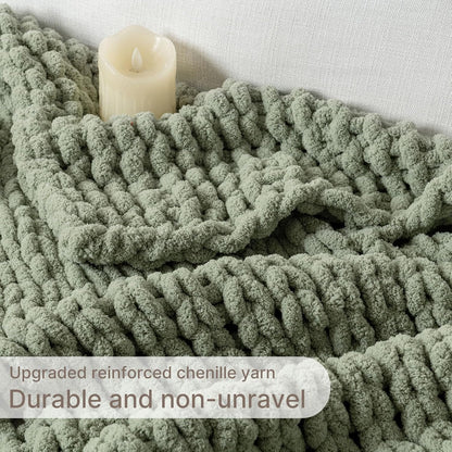 Chunky Knit Blanket Throw, 100% Hand Knit Throw Blanket Handmade Chenille Cable Knit Throw for Couch, Stylish Cozy Soft Rope Knot Crochet Blanket for Home Decor, Sage Green, 60x80 Inches