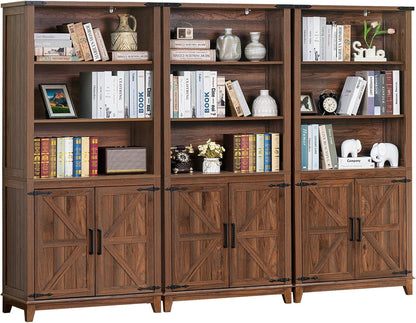 70in Tall Bookshelf 5 Tier Bookcase with Barn Doors and Adjustable Shelves, Brown Farmhouse Book Shelf with Storage Cabinet, Wood Freestanding Display Bookshelves for Bedroom, Kitchen (3PCS)