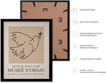 Poster Master Vintage Poster - Retro Minimalist Print - Gift for Artist, Friend - Dove Of Peace, Line Drawing, Sketch, Abstract - Wall Decor for Living Room, Bedroom, 11x14 Black Framed