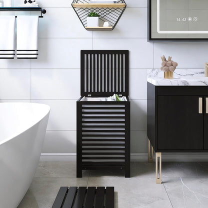 SMIBUY Double Laundry Hamper with Lid, 120L Bamboo Laundry Basket with Removable Liner Bag, 2-Section Clothes Divider Laundry Sorter for Laundry Room, Bathroom, Bedroom (Black)