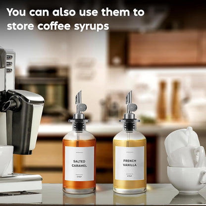Olive Oil Dispenser Bottle - Includes 55 Kitchen Essential Labels - Cooking Oil Bottles for Kitchen, Coffee Syrup Dispenser - Pourer Spout with 11.8 fl oz Glass Container Cruet - 2pcs Silver