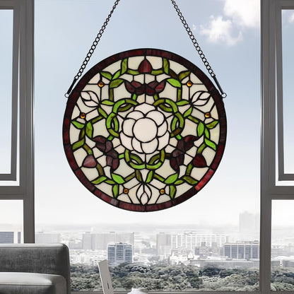 Handcrafted Stained Glass Window Panel - 12-Inch Round Floral Design with Vibrant Colors, Elegant Decorative Hanging Art for Home Décor, Includes 20-Inch Chain & Hook (Green iris)