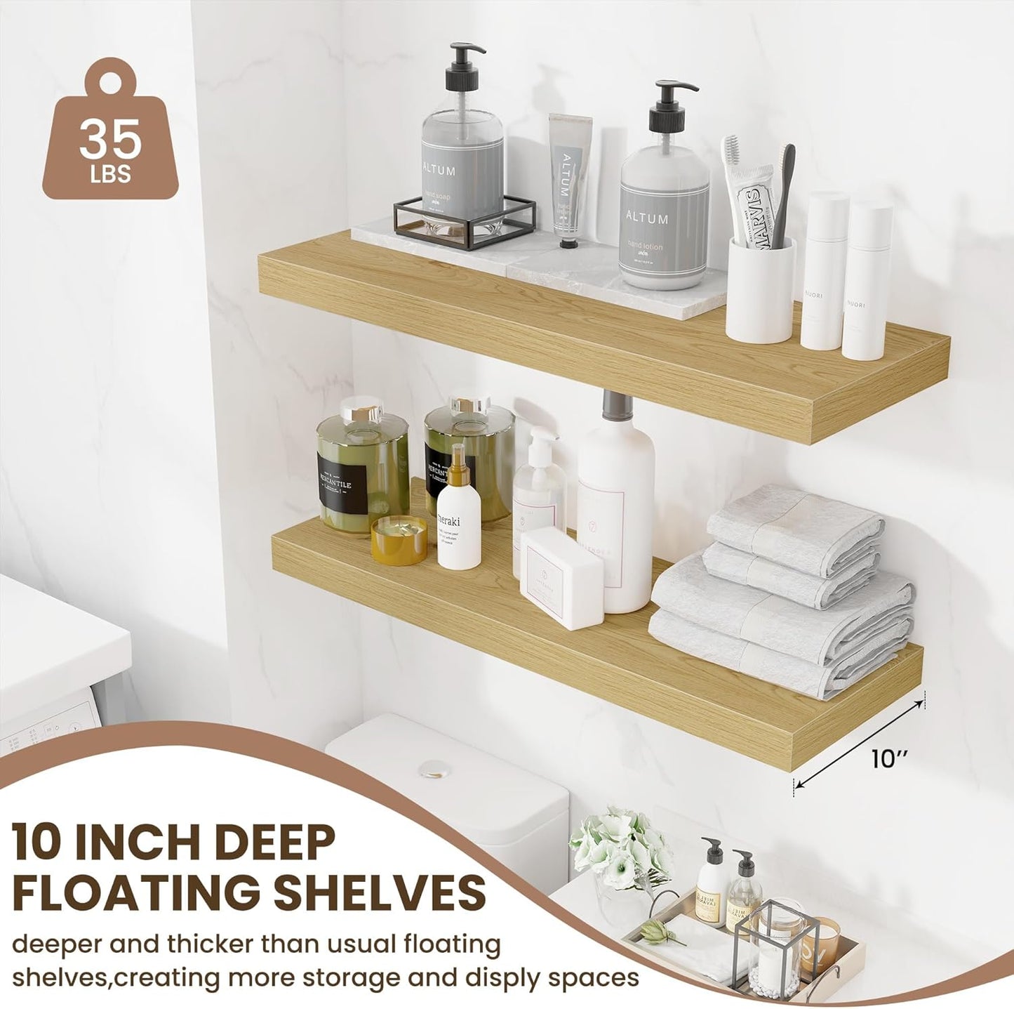 Fun Memories 32 x 10 Floating Shelves Wall-Mounted - Rustic Wood Shelf - 10 Inch Deep Floating Shelves for Wall - Large Storage Shelf for Bathroom - Kitchen & Bedroom - Oak - Set of 2