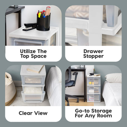 IRIS USA 3-Drawer Slim Narrow Storage Organizer, 2-Pack, White/Clear