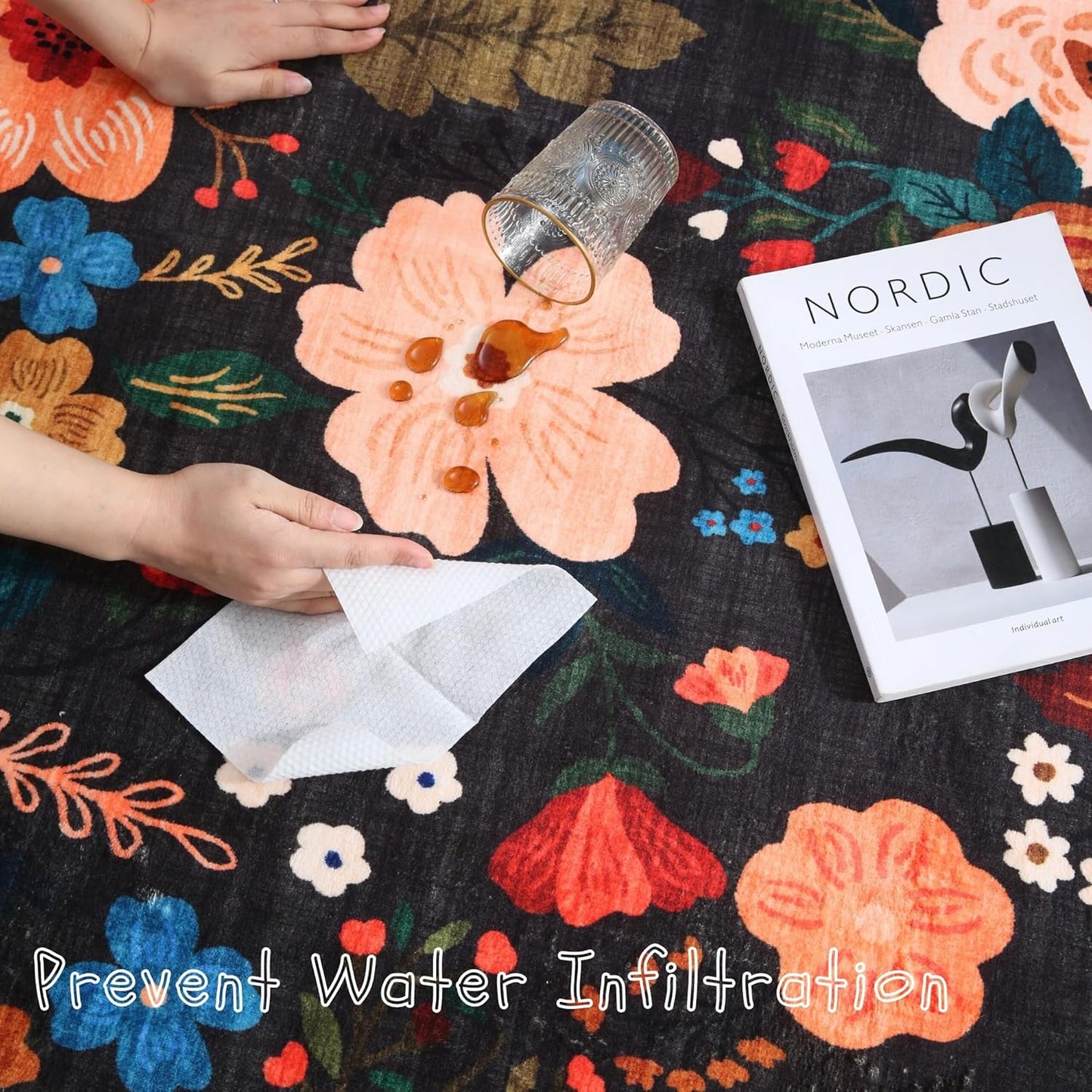 Living Room Rug 5x7 Rug Machine Washable Boho Area Rug Non Slip Floral Vintage Low Pile Large Rugs for Living Room, Bedroom, Farmhouse, Dining Room, Kids Playroom(Black)